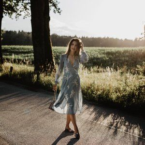 Realisation by Par light blue 100% silk long sleeve dress